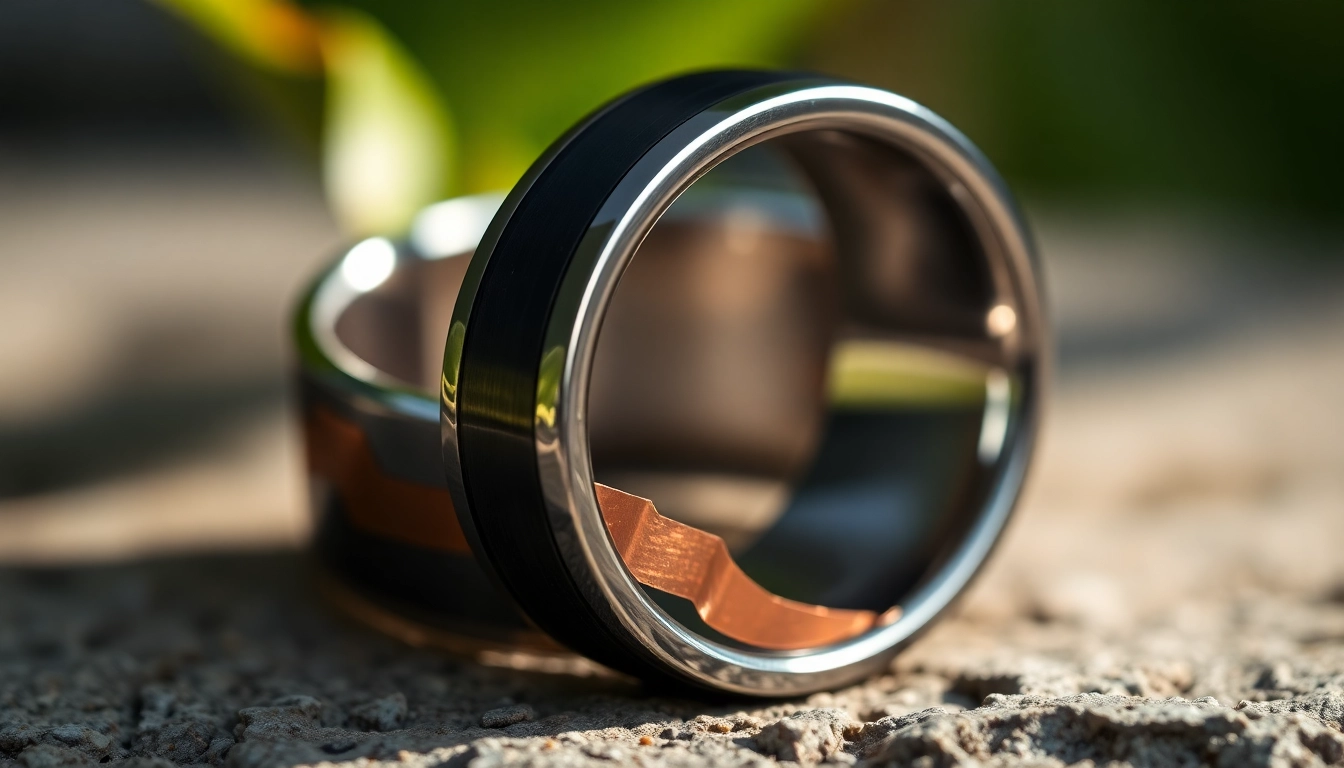 Visit https://ax88c.com/ to view a stylish titanium and copper wedding ring with intricate inlay design, perfect for modern couples.