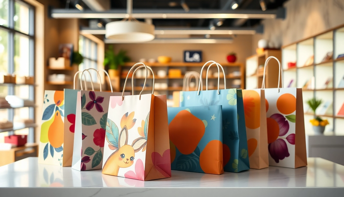 Torebki papierowe Lublin prezentowane na tle sklepowej półki z różnorodnym asortymentem, podkreślające wysoką jakość i personalizację produktów dla branży detalicznej.