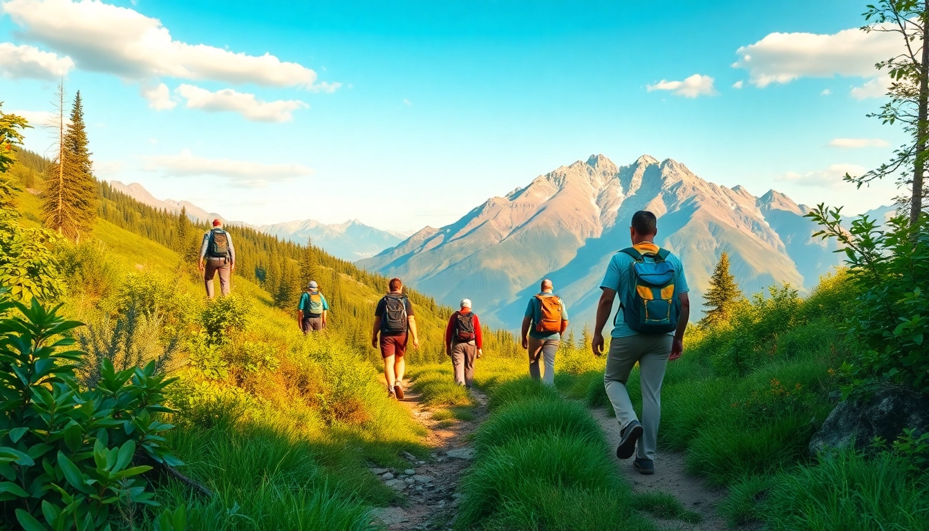 Guided hike in a scenic mountain setting with a guide leading hikers on a lush trail, capturing adventure and nature.