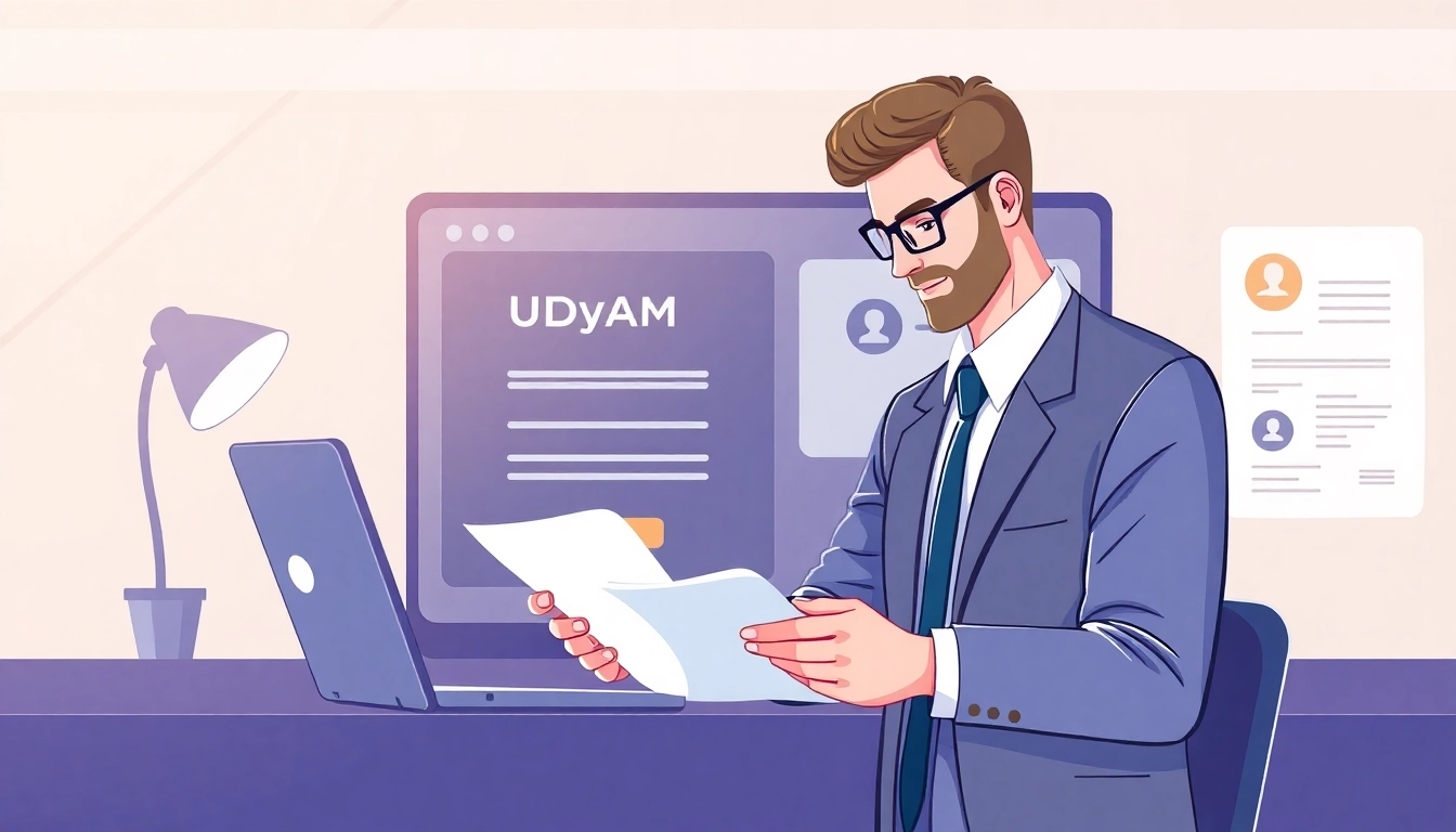 Online udyam registration process showing a business owner uploading documents on a user-friendly portal for easy MSME certification.