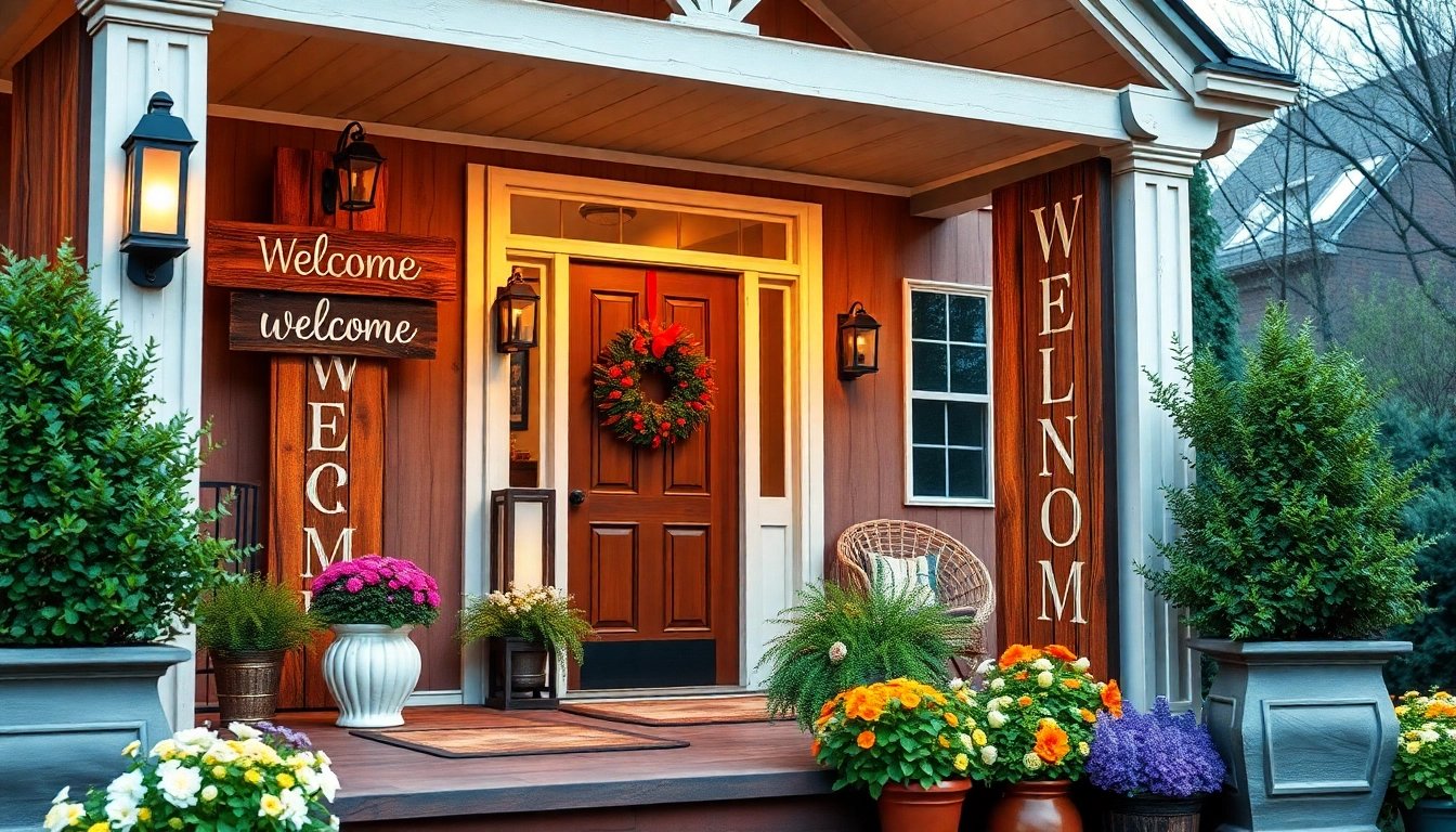 Beautiful welcome signs on a charming front porch inviting guests in with rustic charm and seasonal decor.