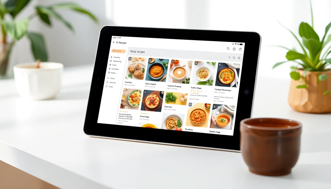 Screenshot of a sleek recipe manager app displaying organized recipes, shopping list, and meal planner on a tablet screen.