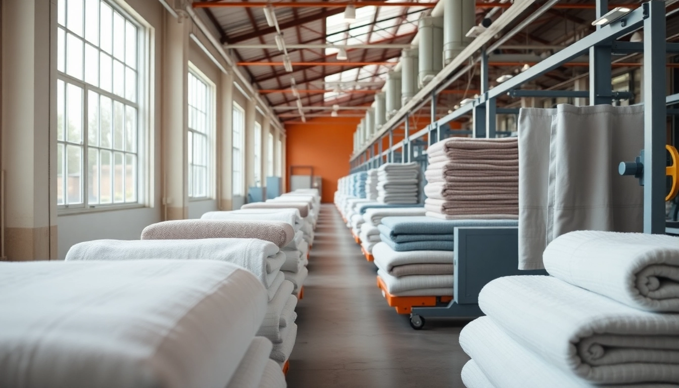 European towels manufacturer showcasing premium towels in a sleek, modern production environment emphasizing quality and craftsmanship.