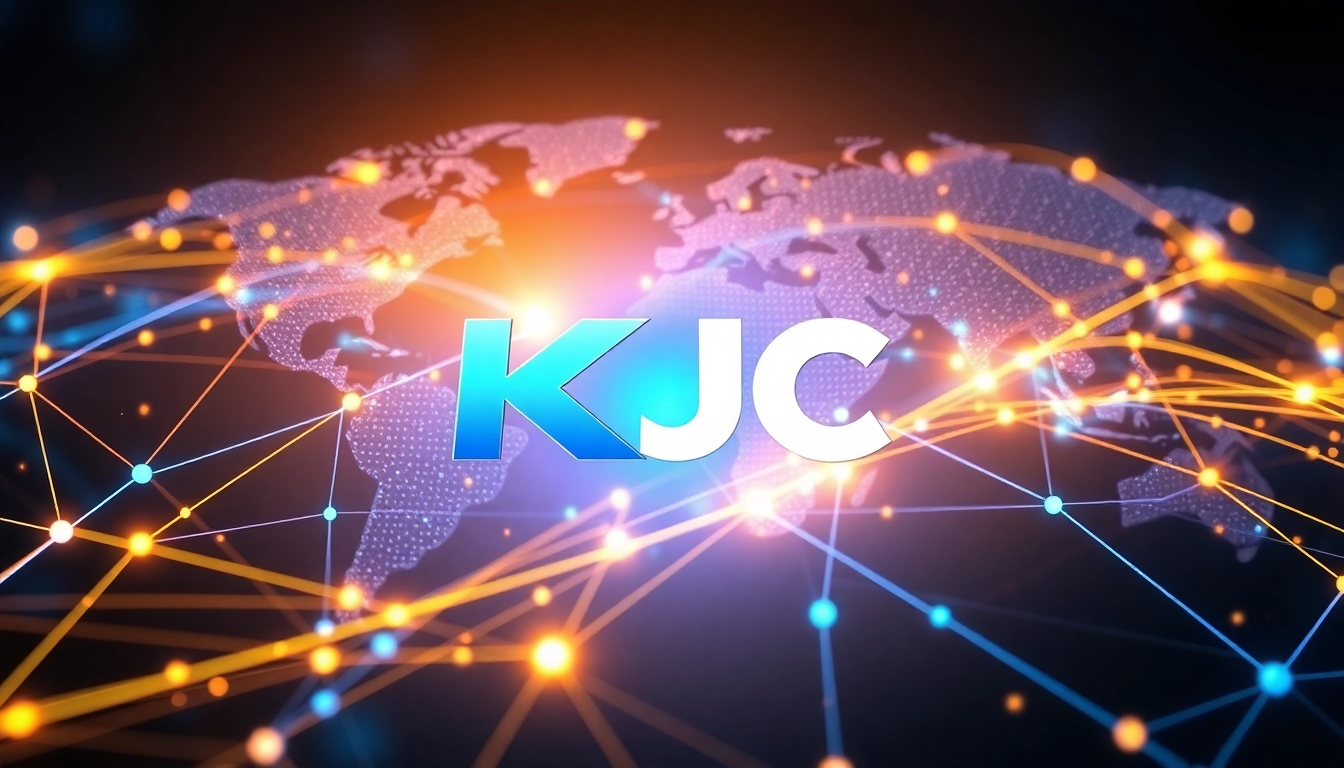 KJC brand logo displayed prominently within a vibrant global connectivity network, symbolizing