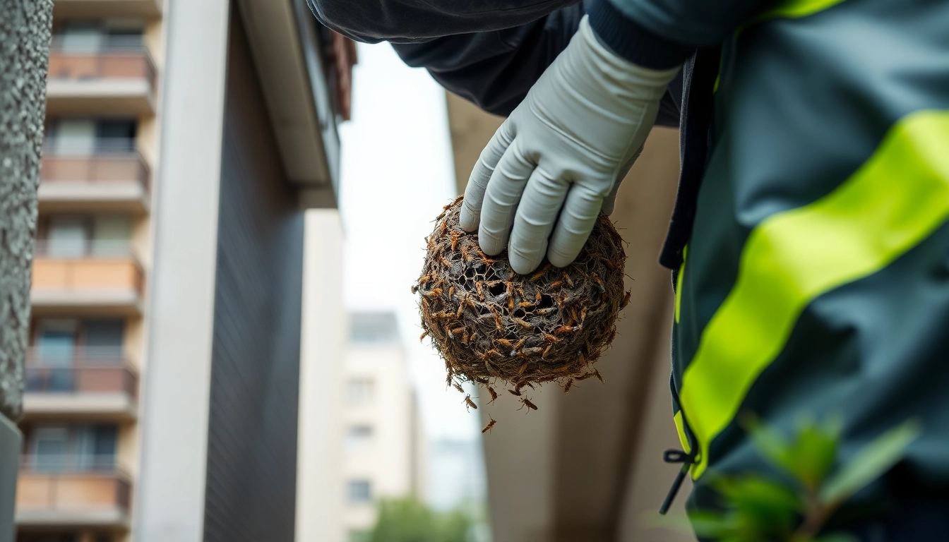 Efficient Wespen bestrijden by a certified specialist removing a wasp nest from a building safely and discreetly to prevent overlast.