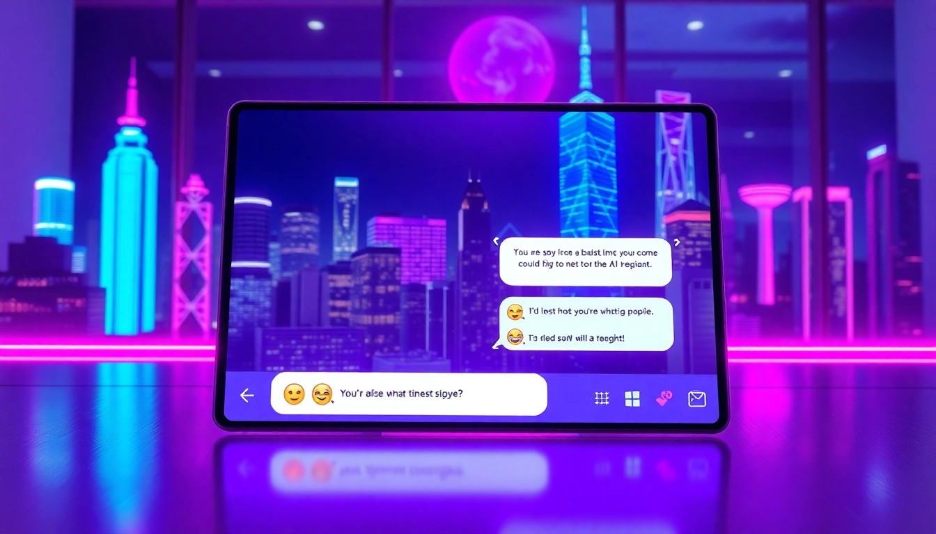 Futuristic digital chat interface with neon accents and a vibrant cityscape background, depicting spicy AI conversation bubbles.