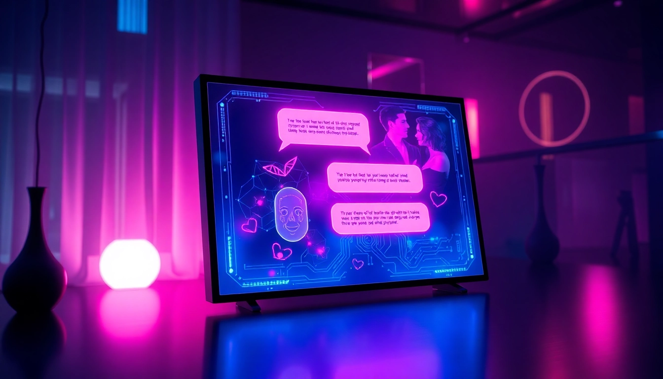 A futuristic AI chatbot interface with neon lights and sensual abstract imagery on a high-tech screen.