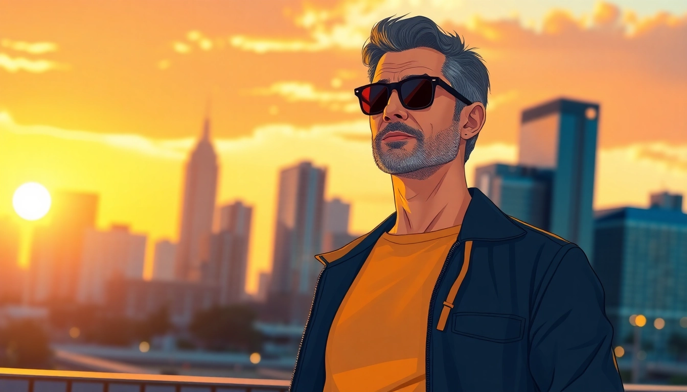 Stylish middle-aged man standing confidently in an urban cityscape at sunset