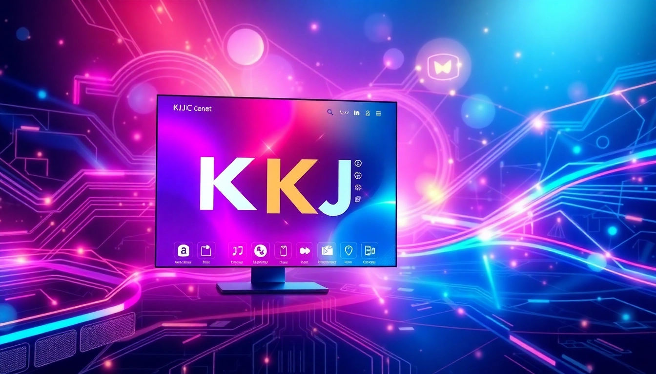 KJC branding logo with a modern interface, representing global entertainment and innovation,