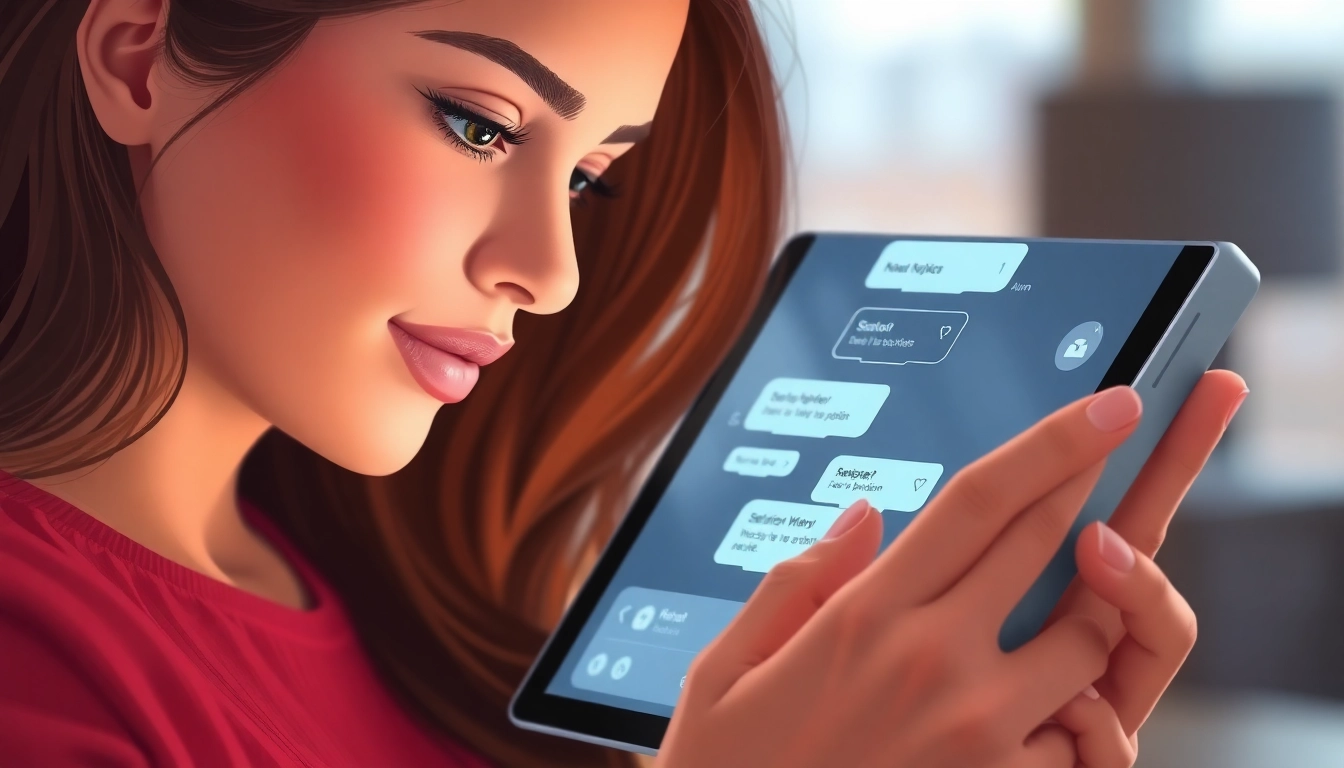 AI girlfriend engaging in a personalized chat with a user on a contemporary device, highlighting connection and customization features.