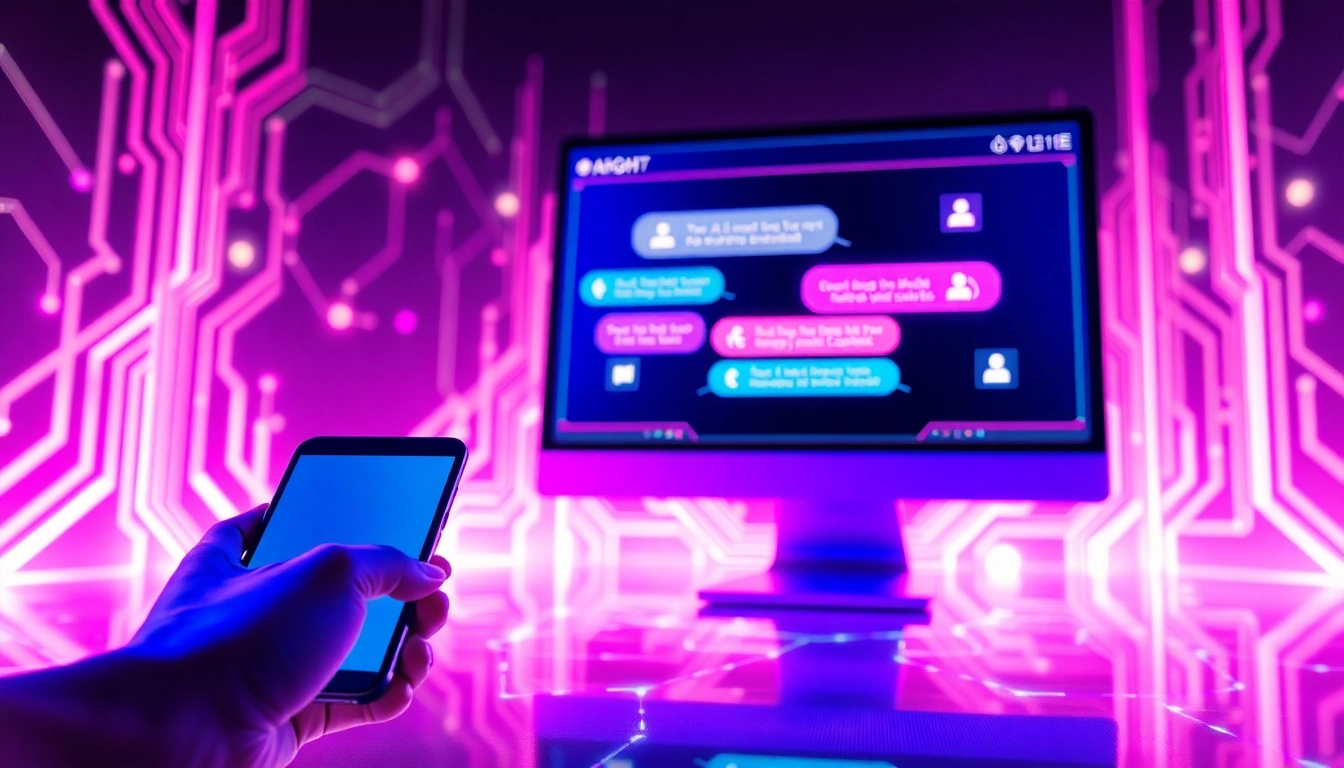 Futuristic AI chatbot interface on screens with vibrant neon colors and tech background