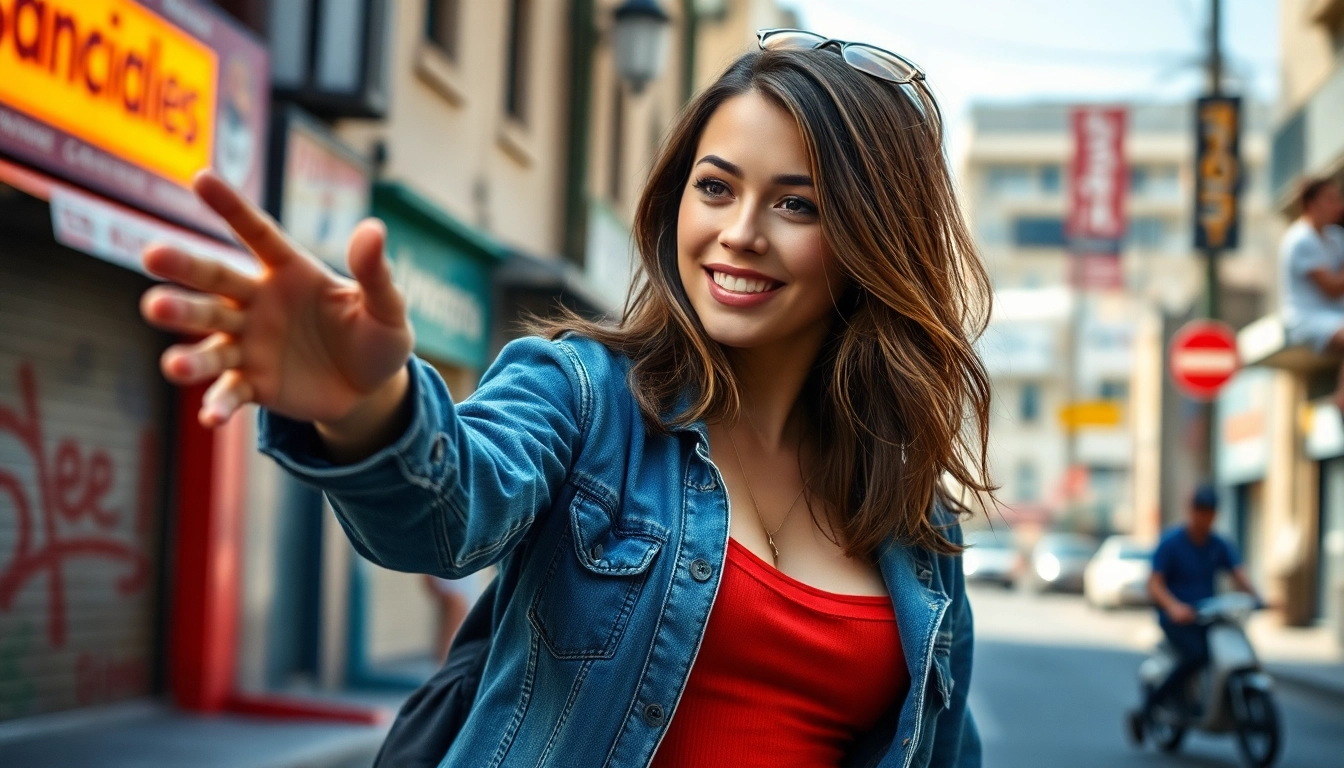Realistic scene of a woman in a public place with porno rychle prachy theme, capturing