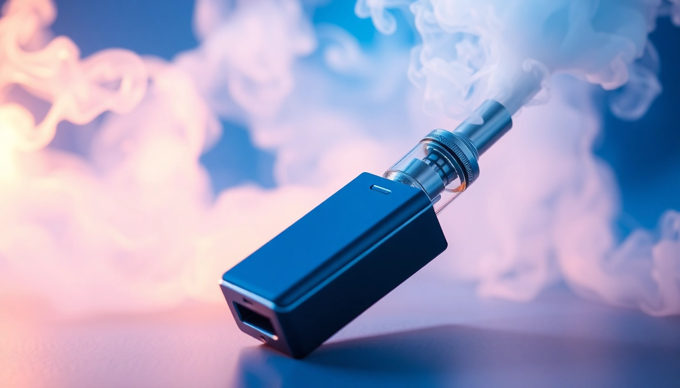 E-cigarette user releasing vapor with sleek device, highlighting modern design and rich vapor