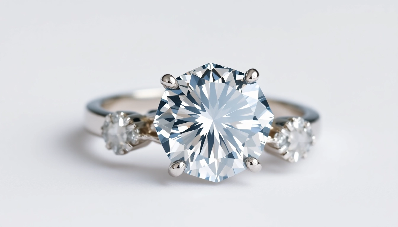 Close-up of a beautiful ziedas su deimantu with sparkling diamond and detailed band design in a