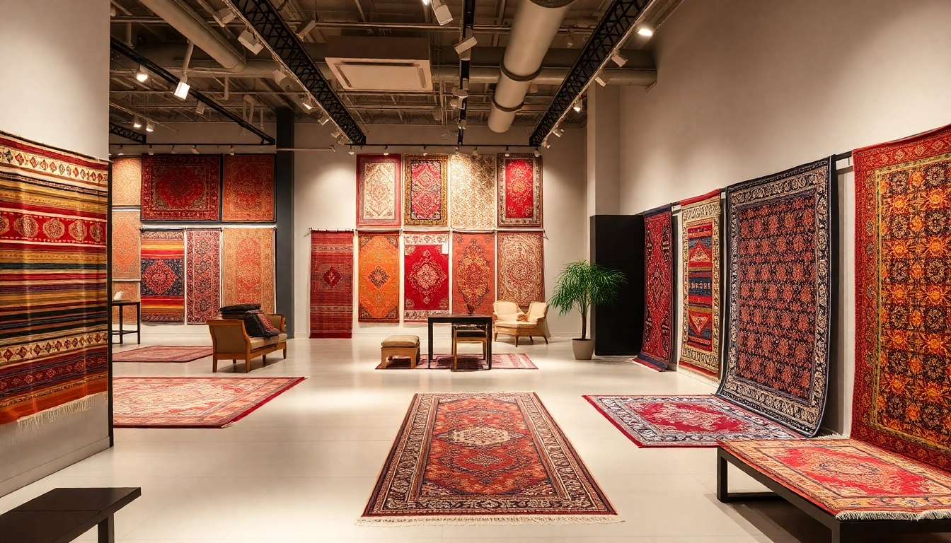 Stylish showroom showcasing a variety of Tappeti a Milano with colorful patterns and