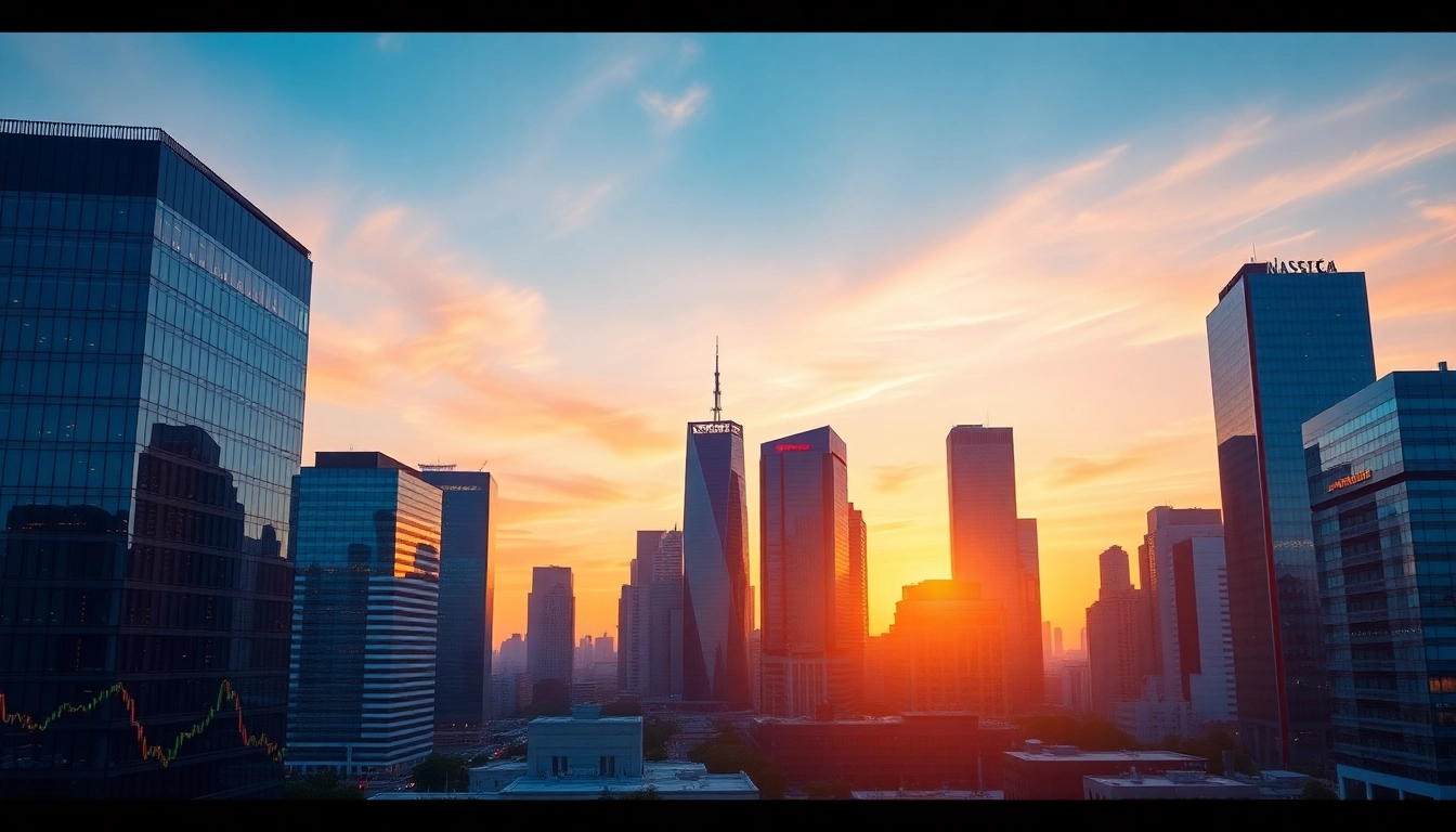 Global Market News visualization featuring financial charts and stock data in a modern cityscape