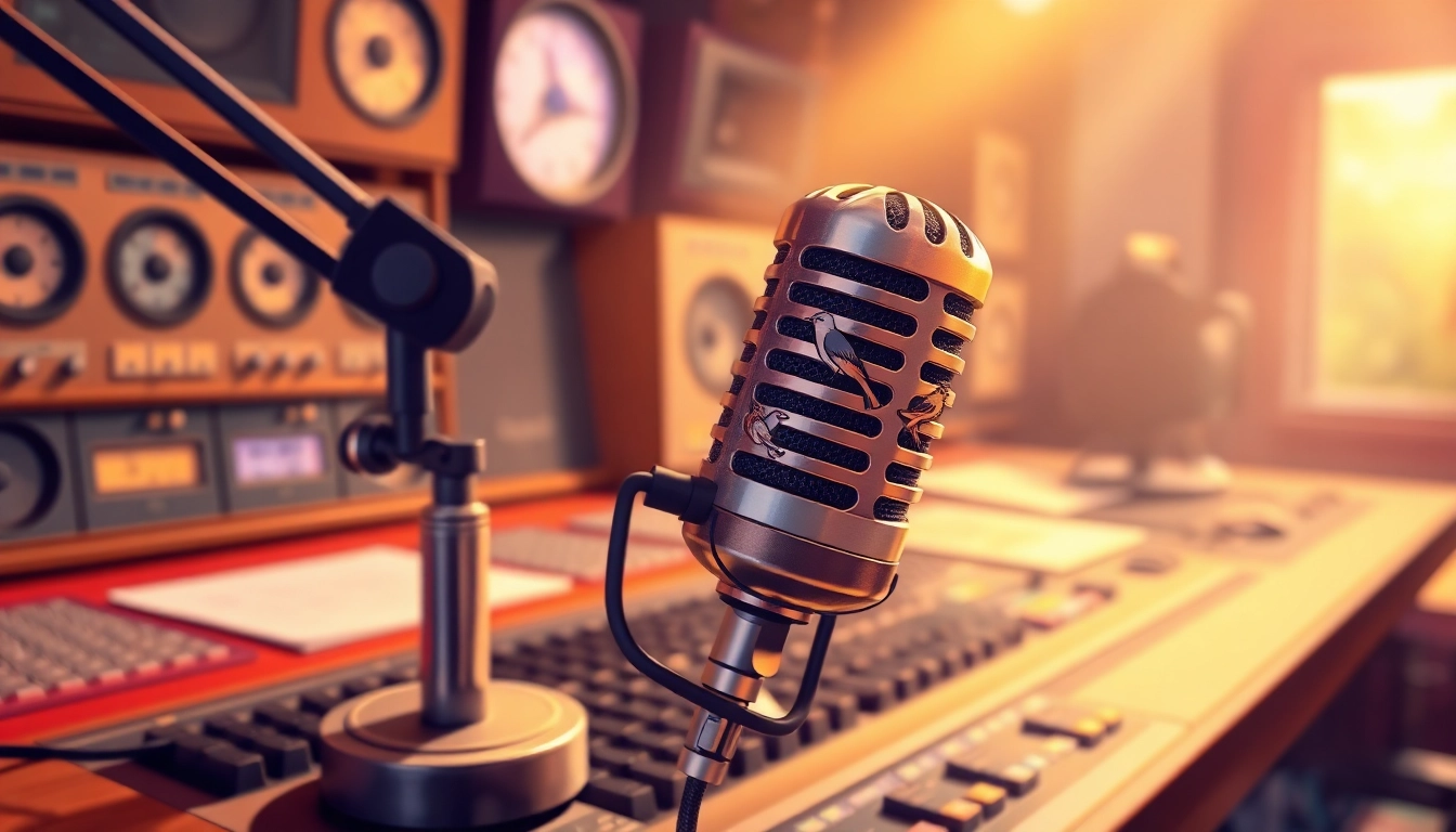 Bird Talk Radio hosts broadcasting with microphones featuring bird designs in a lively studio