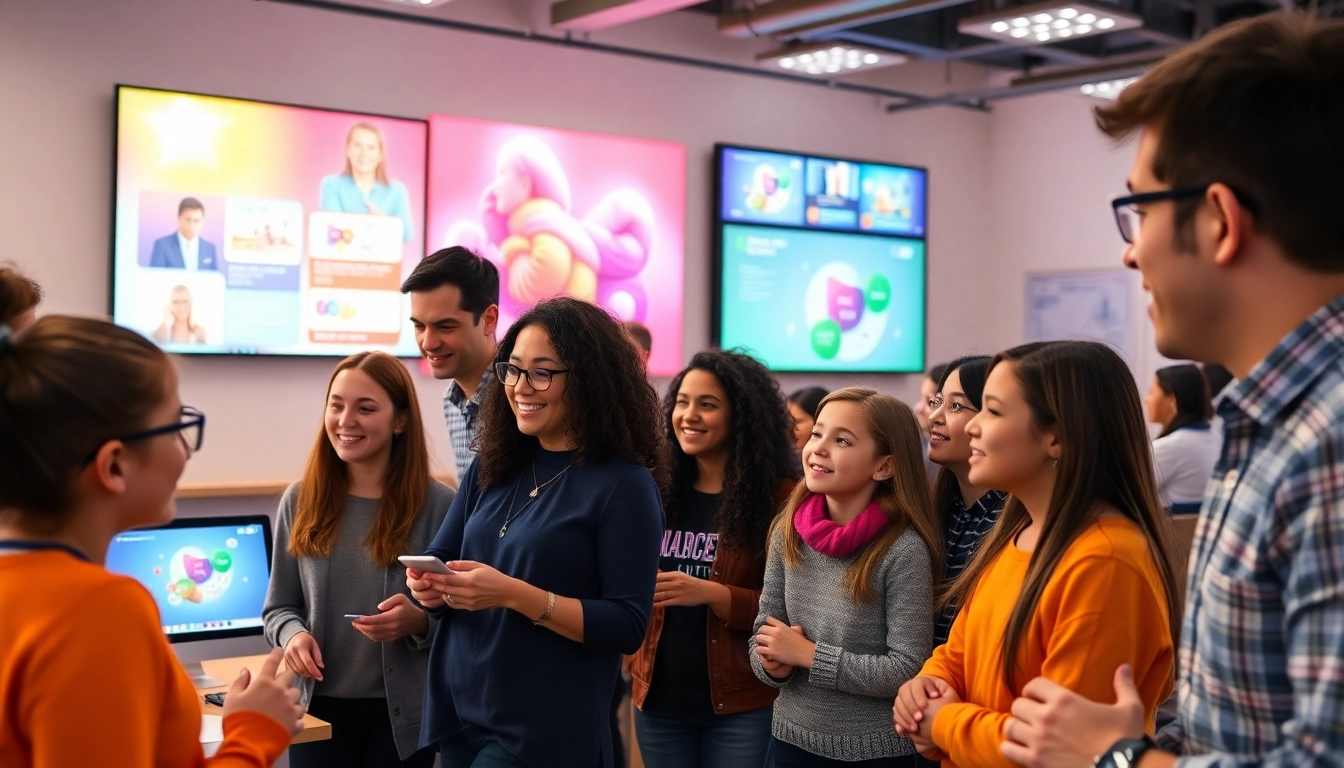 Students and teachers engaging with interactive learning content on colorful digital screens in
