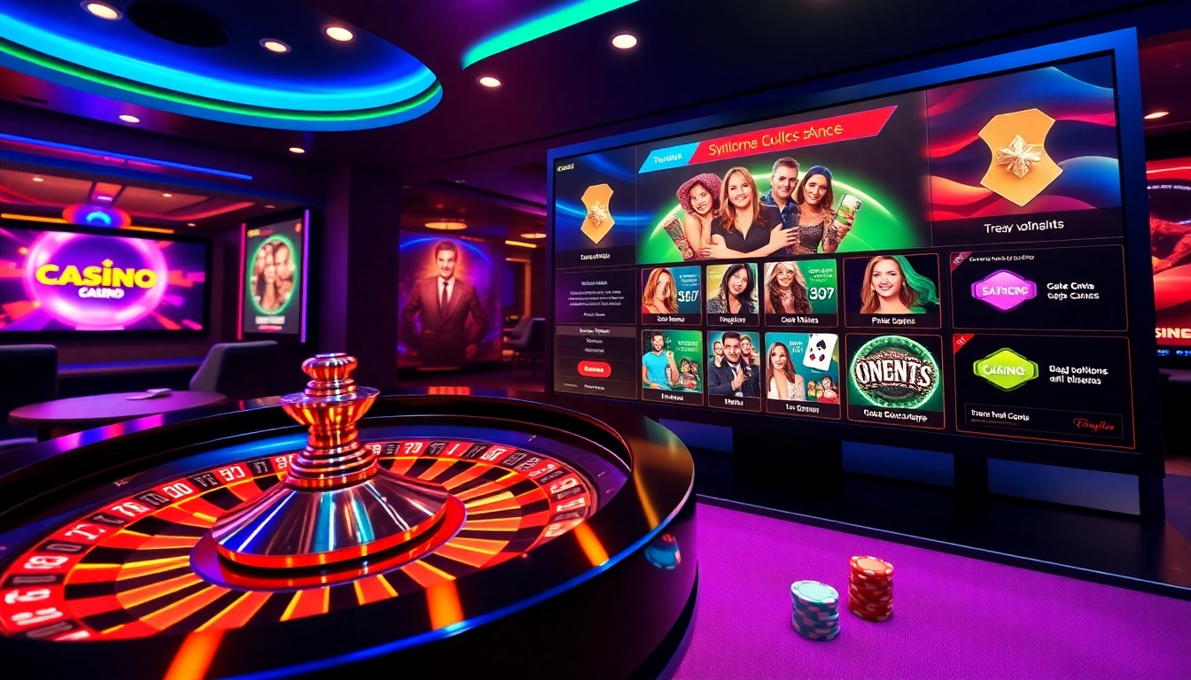 Showcase of modern casino siteleri with vibrant lights and gaming elements, attracting players