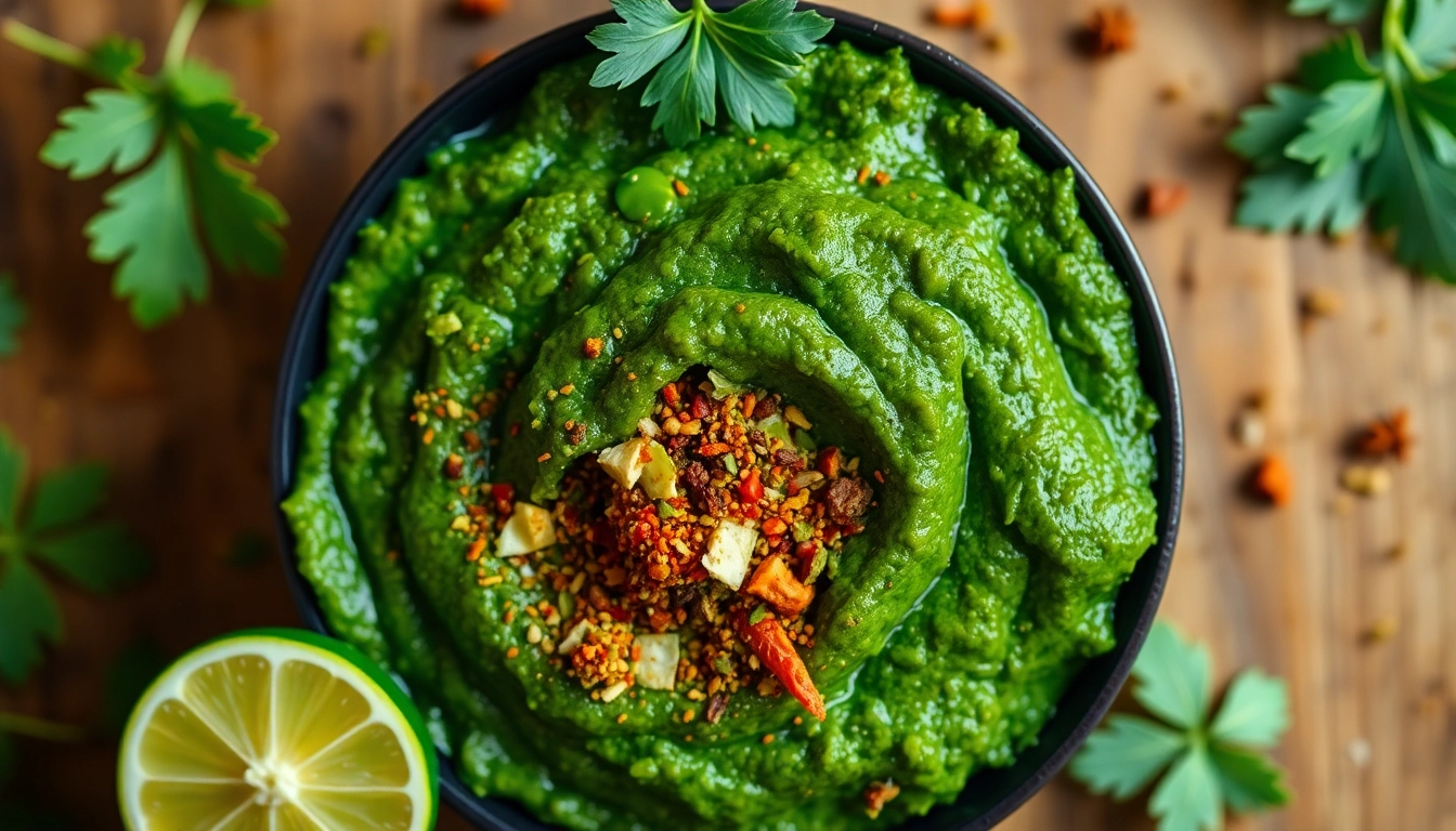Close-up of fresh Green Masala Paste being prepared with herbs and spices in a traditional